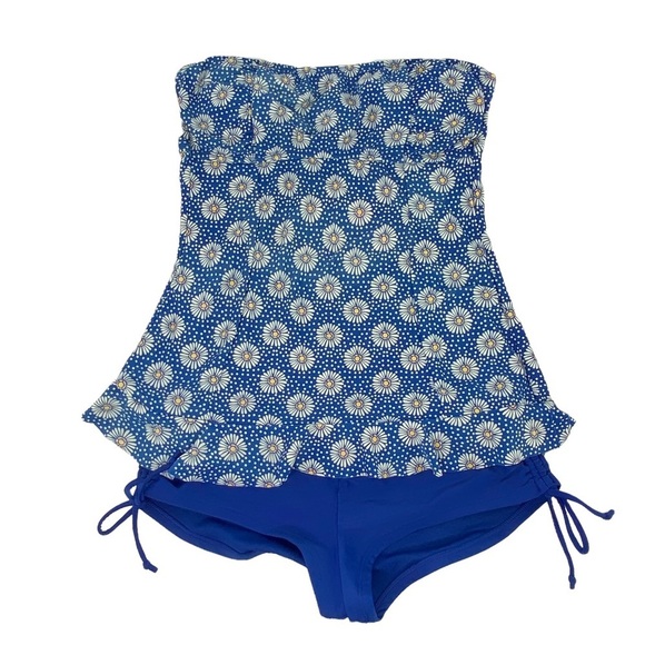 Arizona blue daisy print strapless tankini with side tie bottoms, M - Picture 1 of 15
